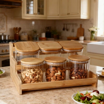 6-osaline kõrgborosilikaatklaasist purgikomplekt puidust põhjaga