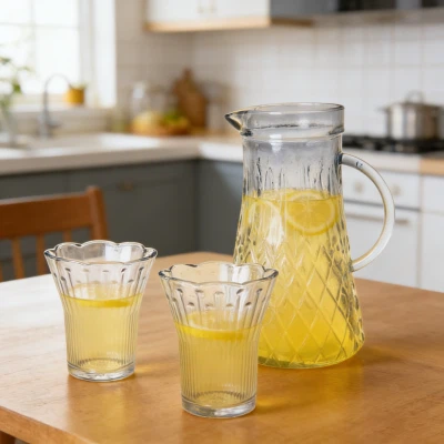 Teardrop{0}}tekstuuriklaasist trumli ja kannu komplekt