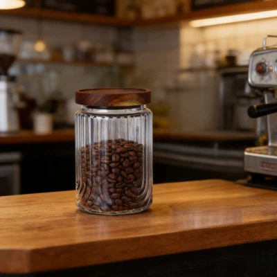 U-Akaatsiapuidust kaanega Groove tekstuuriga klaasist hoiupurk